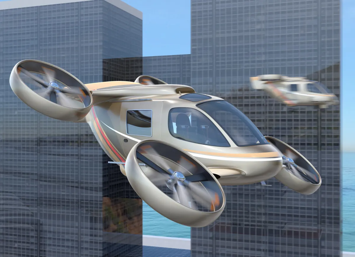 A computer-generated air taxi with four rotors flying between glass skyscrapers